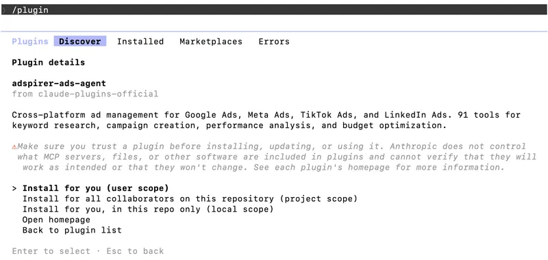 Adspirer plugin details showing 91 tools for cross-platform ad management across Google, Meta, TikTok, and LinkedIn Ads