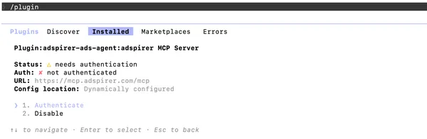 Adspirer MCP server configured and ready for authentication in Claude Code