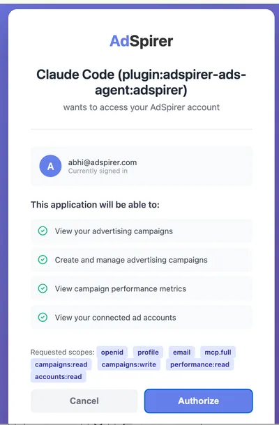 Adspirer OAuth authorization screen showing campaign permissions — view, create, manage campaigns and performance metrics