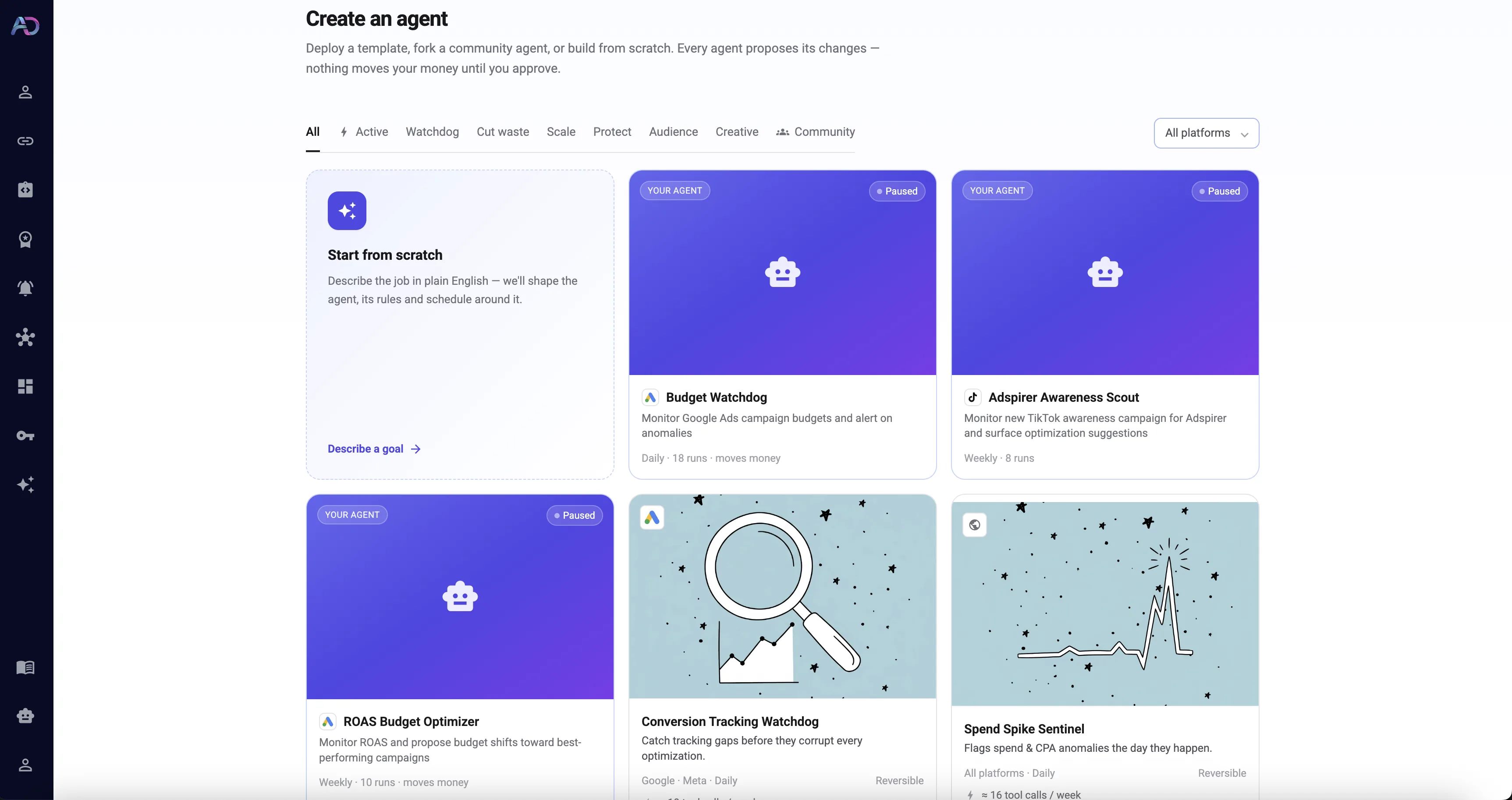 The Adspirer agent gallery — deploy a template, fork a community agent, or build one from scratch. Every agent proposes its changes; nothing moves your money until you approve.